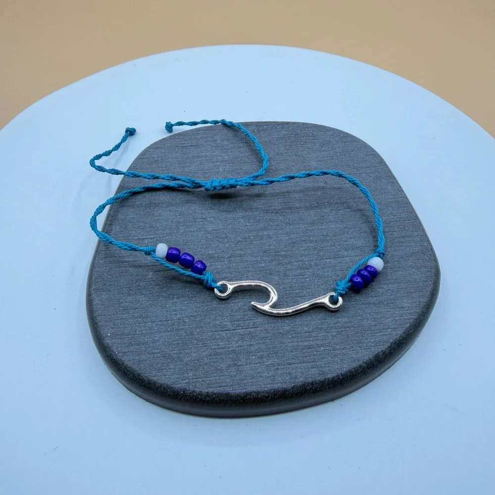 Silver Tone Ocean Wave Charm Blue Cord Purple Bead Adjustable Surfer Bracelet